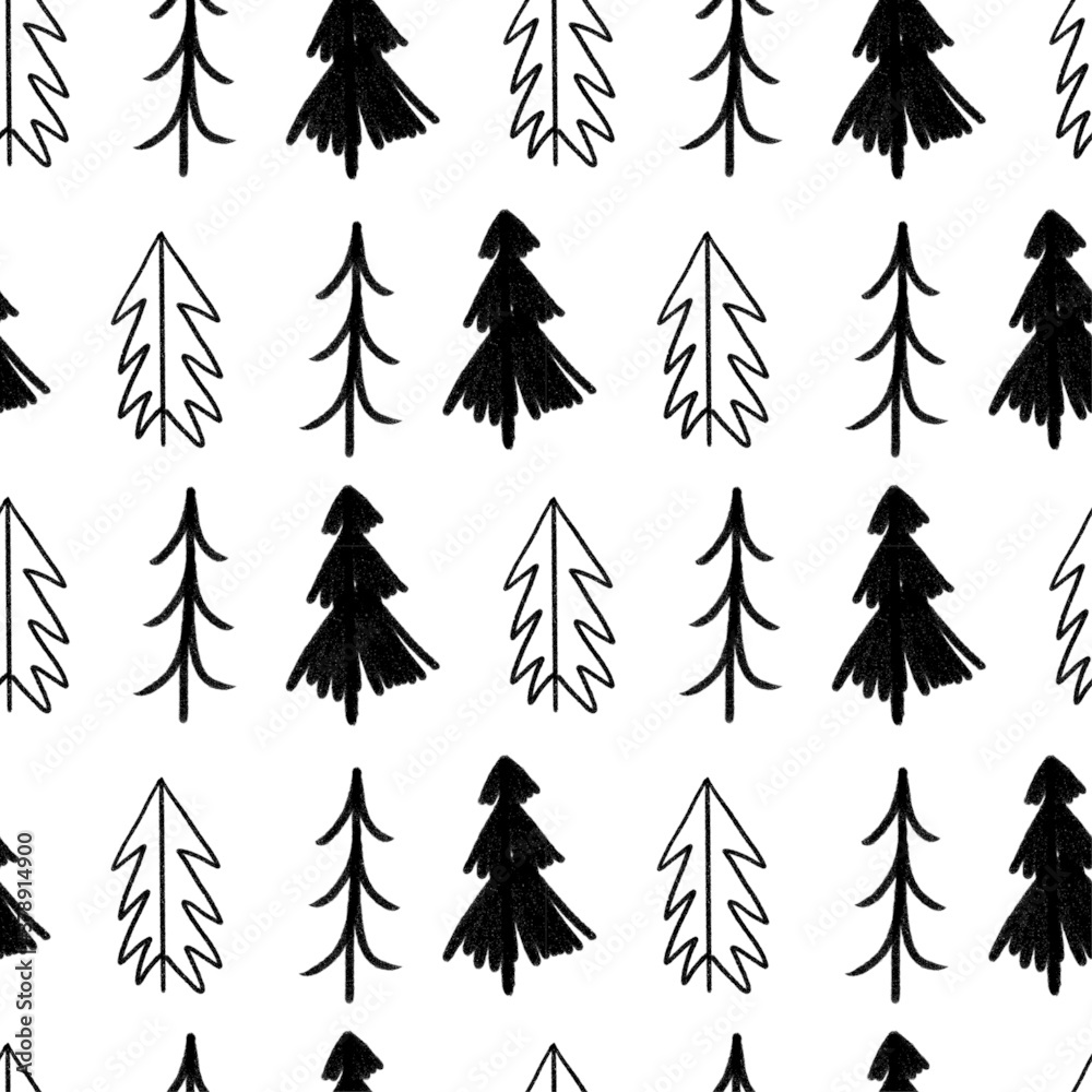 Seamless black and white pattern with Christmas trees. Festive background, winter, trees, Scandinavian style, north. Seamless black and white pattern with Christmas trees. Festive background, winter, trees, Scandinavian style, north.