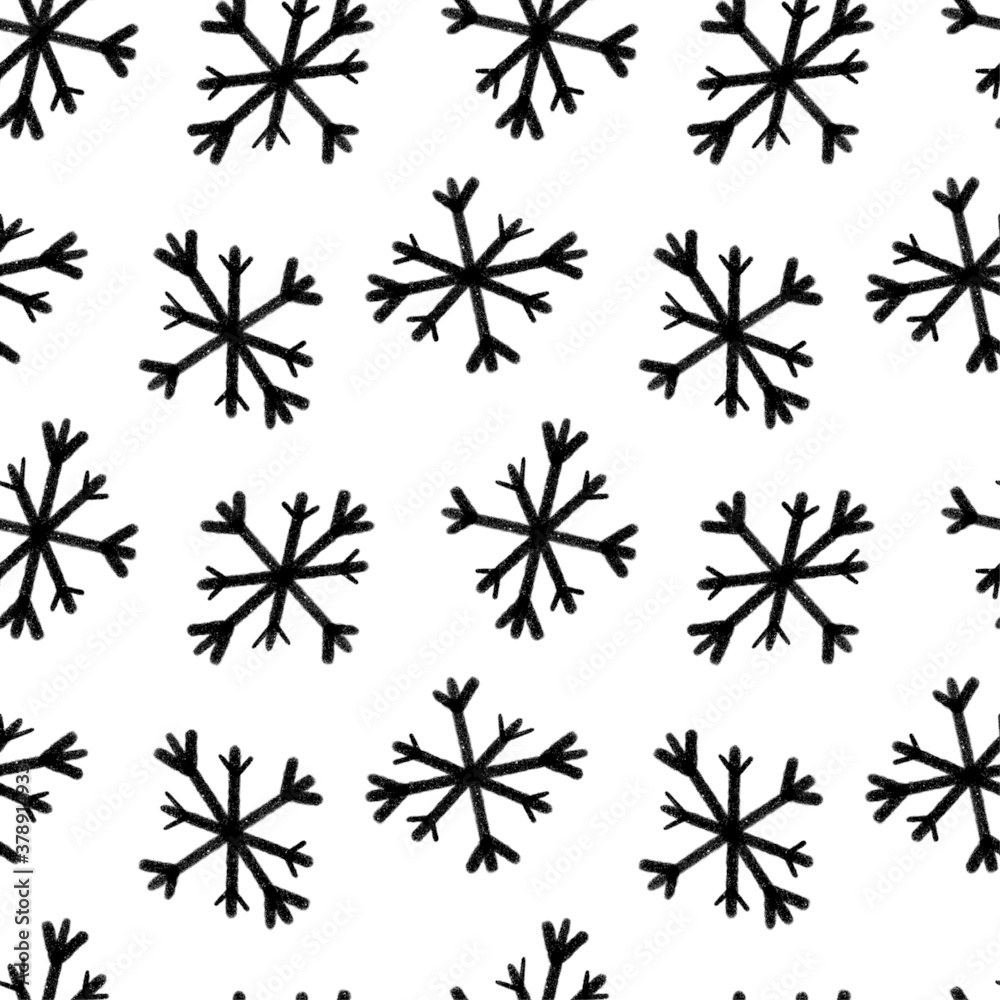 Seamless pattern with black snowflakes on a white background. Festive background, winter, snowfall, snow, christmas, new year.