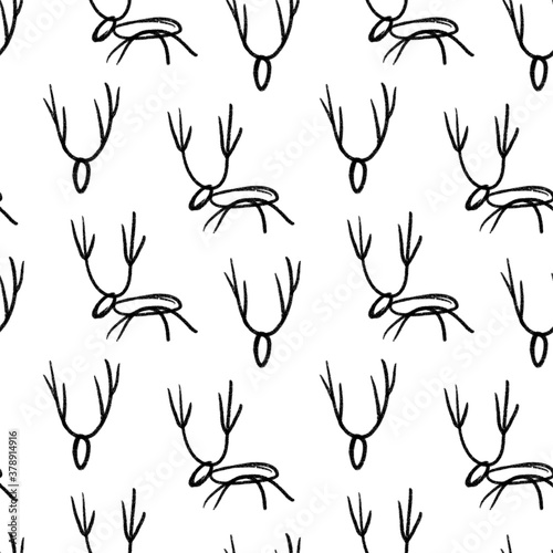 Seamless black and white pattern with deer. Christmas, new year, holiday, north. Winter background, Scandinavian style.