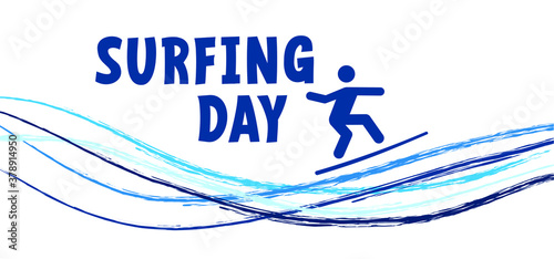 Slogan happy international surfing day, Water wave Vector summer surf sport sign Surfer party with surfings symbol Holiday, vacation on beach bar Sea or oceans waves or surfers Funny surfboard sports