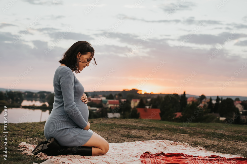 beautiful pregnant woman is sitting on the background of nature. Brunette at a picnic. Sunset in the Urals