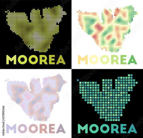 Moorea map. Collection of maps of Moorea in dotted style. Borders of the island filled with rectangles for your design. Vector illustration.