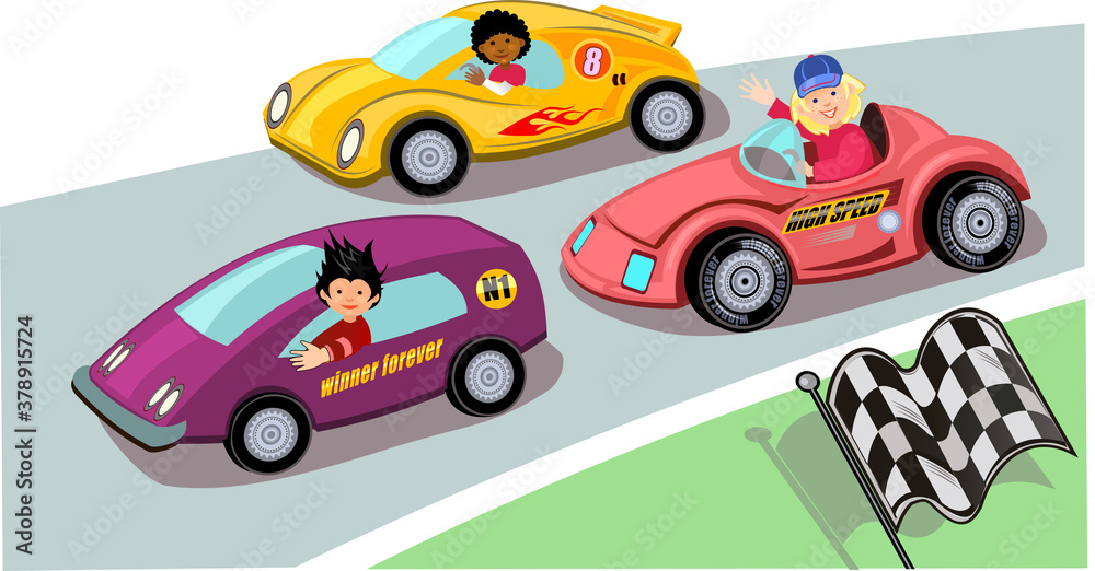 Fototapeta Children Speed Racing. Cartoon speed car