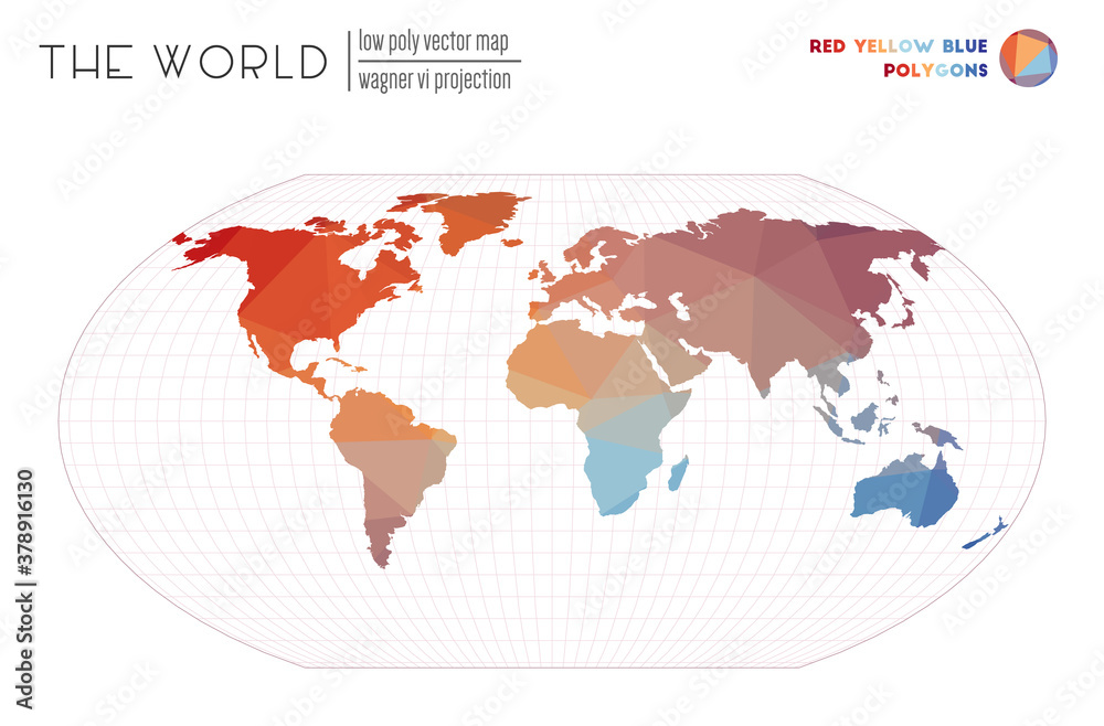 Vector map of the world. Wagner VI projection of the world. Red, Yellow, and Blue colored polygons. Stylish vector illustration. Vector map of the world. Wagner VI projection of the world. Red, Yellow, and Blue colored polygons. Stylish vector illustration.