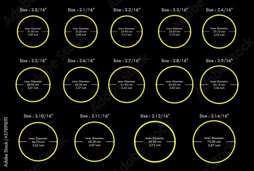 Yellow Gold Round Bangle Size Chart From 2.00 to 2.14 in Black Background Approximation