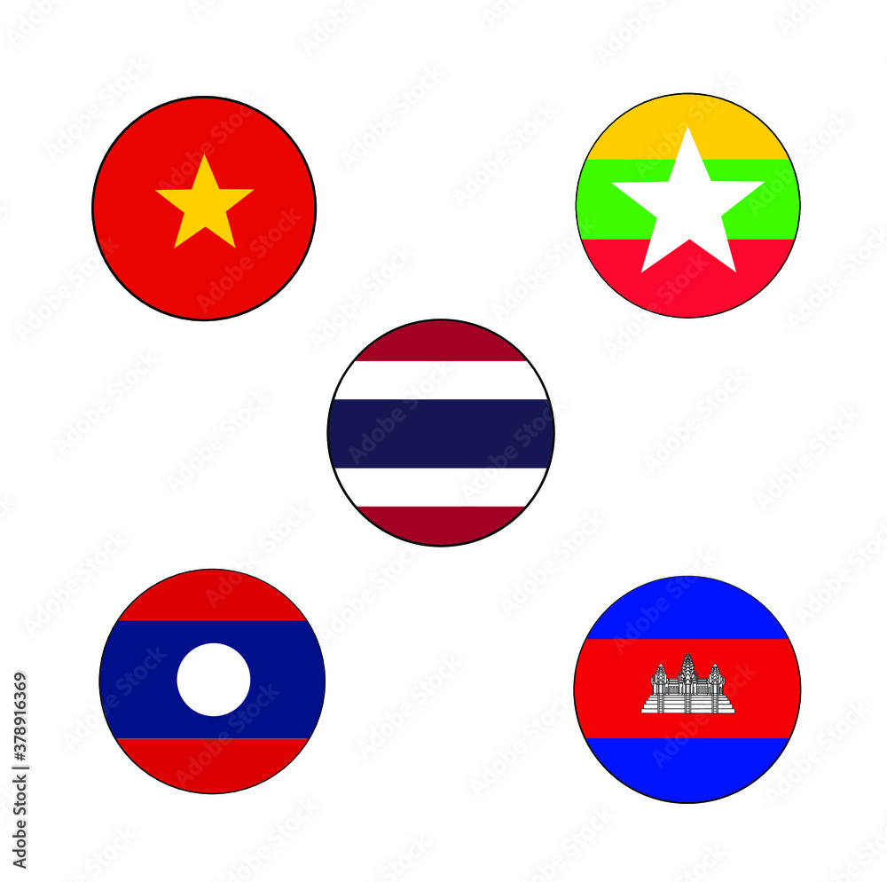 East Asia Flag Button Icon Set (Vietnam, Laos, Myanmar, Thailand, and Cambodia) rounded on isolated white for Asia Country push button concepts.	
