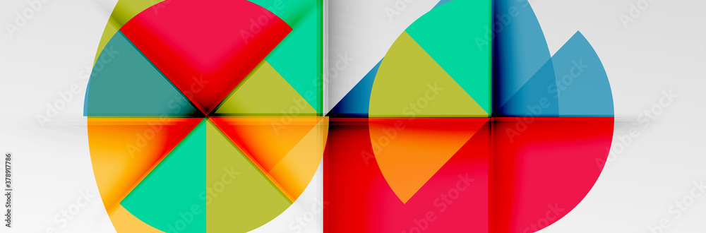 Bright color circles, abstract round shapes and triangles composition with shadow effects. Vector modern geometric design template Bright color circles, abstract round shapes and triangles composition with shadow effects. Vector modern geometric design template