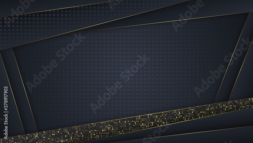 Abstract 3d background with black paper layers. Vector geometric illustration of carbon sliced shapes textured with golden glittering dots. Graphic design element. Elegant decoration