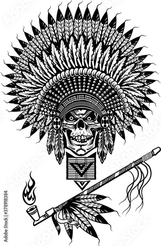 Indian skull smoking peace pipe