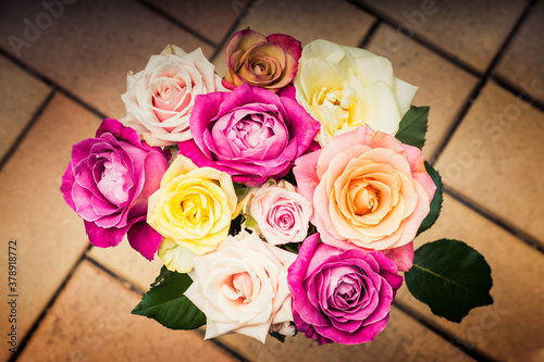 Vintage photo of multi colored roses against brick tiles