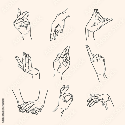 Collection of fine, hand drawn style logos and icons of hands. Fashion, skin care and wedding concept illustrations.
