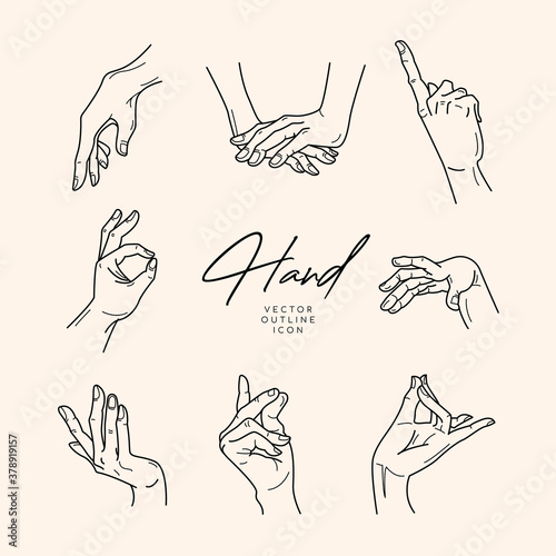 Collection of fine, hand drawn style logos and icons of hands. Fashion, skin care and wedding concept illustrations.