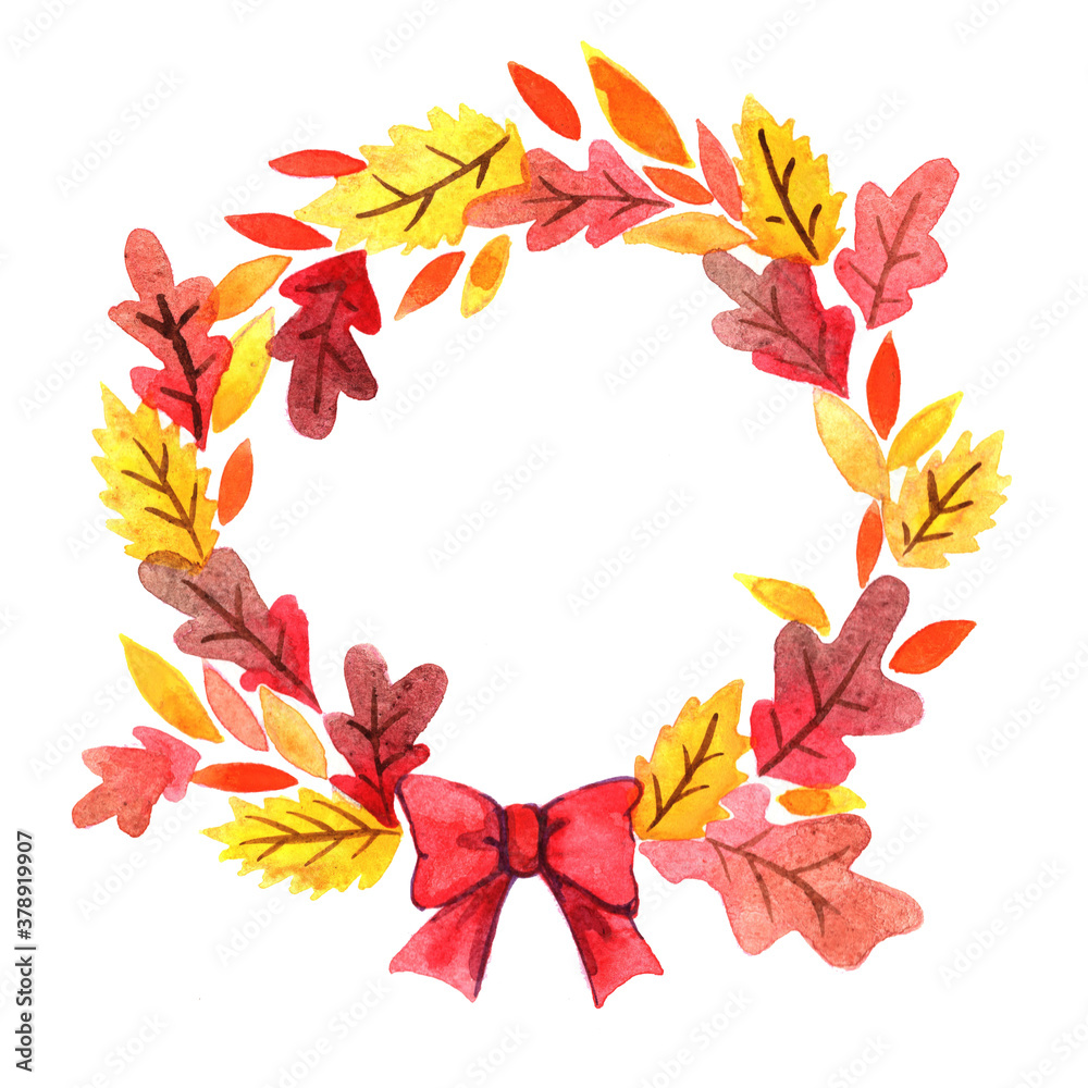 Obraz premium Colorful Autumn leaves with red bow ribbon wreath for decoration on Thanksgiving festival.