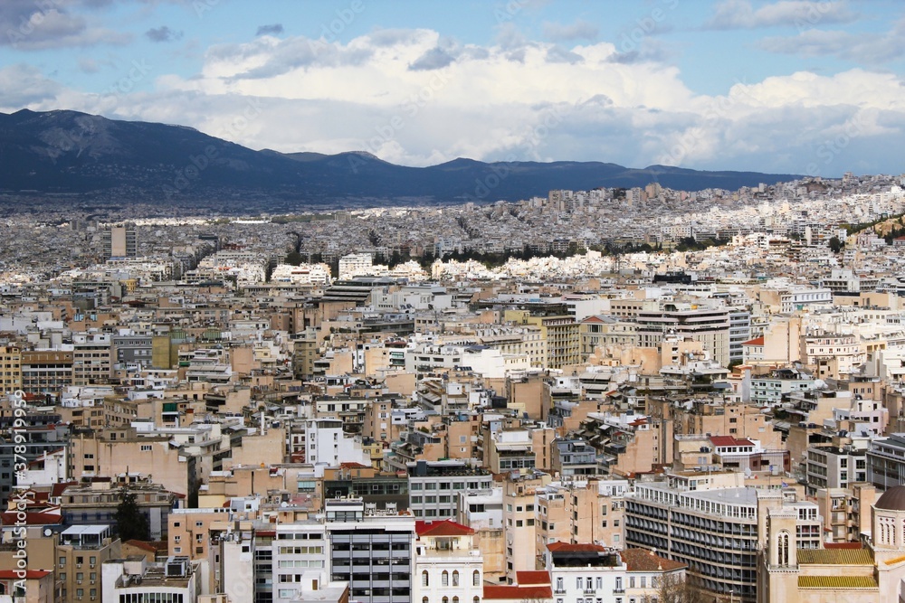 Partial view of Athens city from Acropolis hill - Athens, Greece, February 2 2020.