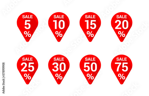 Vector tags for sales in wobbler and arrow down firm with different percentage - 5, 10, 15, 20, 25, 30 50 and 75
