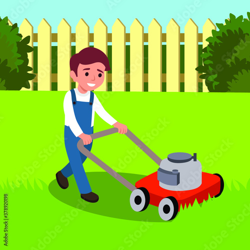 Vector illustration of a boy cutting grass with lawn mower isolated on white background. Cute kid doing garden work. Spring gardening activity picture with funny character