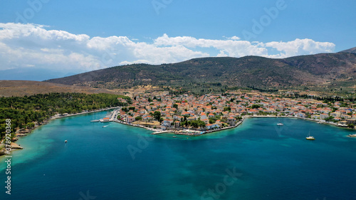 Fototapeta Naklejka Na Ścianę i Meble -  Aerial drone photo of beautiful picturesque and historic seaside village of Galaxidi, Fokida, Greece