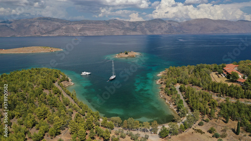 Fototapeta Naklejka Na Ścianę i Meble -  Aerial drone photo of famous seaside area and forest of Kentri in picturesque village and port of Galaxidi, Fokida, Greece