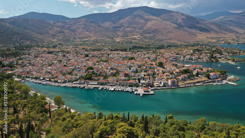 Aerial drone photo of beautiful picturesque and historic seaside village of Galaxidi, Fokida, Greece