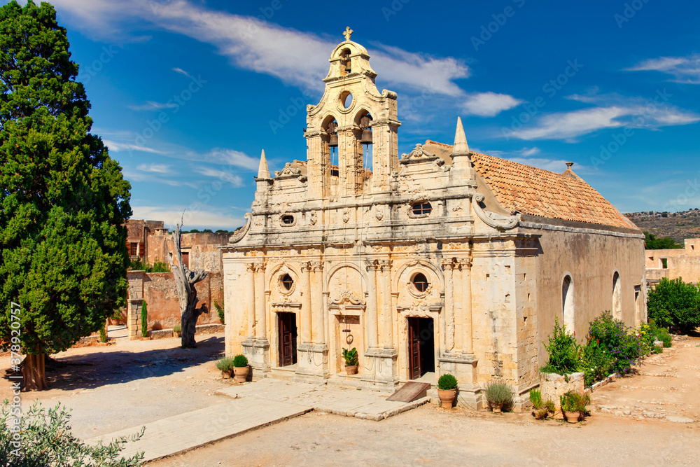Arkadi, Greece - August 19, 2020 - The historic monastery church in the famous Arkadi Monastery on the island of Crete