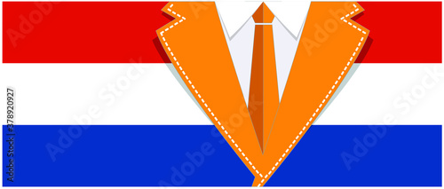 Costume with necktie and flag of the Netherlands Dutch Royal day sports Holland signs Children playing sign Spring day tulip, flowers or bike tourist travel Football scooter sport King's day family