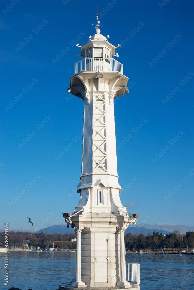 Lighthouse and view of Lake Geneva in Switzerland