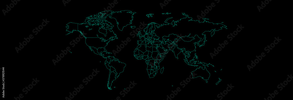 Outline map of the world in blue on a black background. Outline map of the world in blue on a black background.