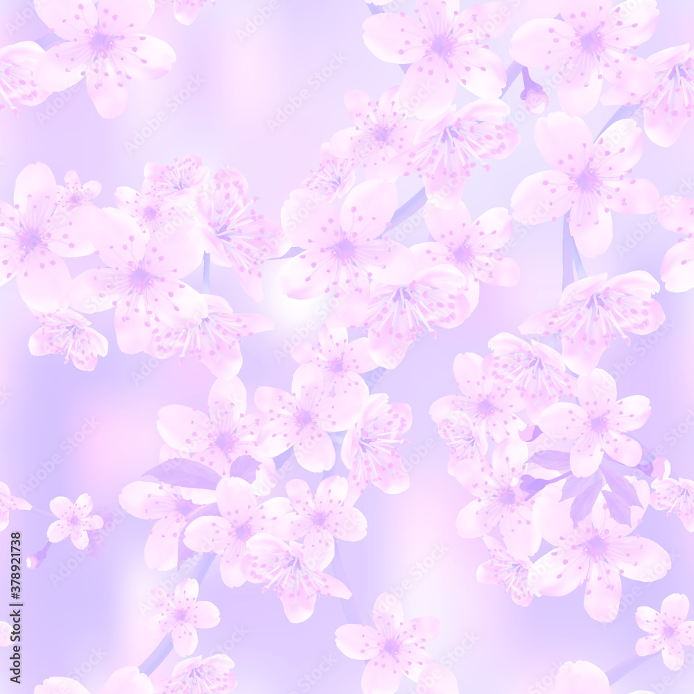 Seamless background pattern of blossoming branches of Japanese cherry on color abstract background. Pink Sakura floral seamless texture, EPS 10 vector file