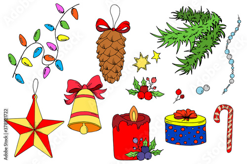 Set of Christmas tree toys and home decorations. Vector Christmas garland, star, pine cone, bell, pearl garland, candle, gift box. Christmas tree decorative element. Seample doodle illustration photo