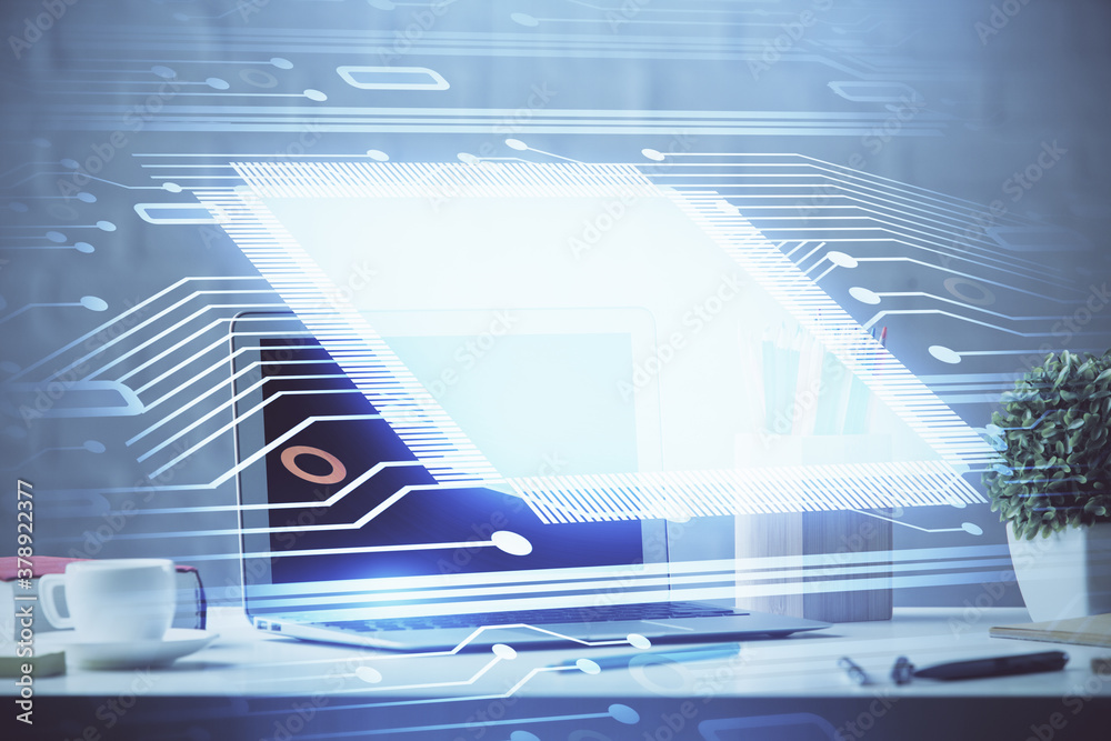 Naklejka premium Double exposure of desktop with personal computer on background and tech theme drawing. Concept of data analysis.