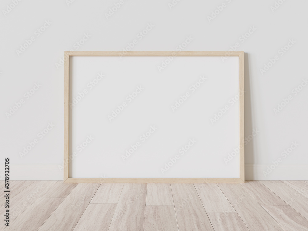 Wooden frame leaning on floor in interior mockup. Template of a picture framed on a wall 3D rendering Wooden frame leaning on floor in interior mockup. Template of a picture framed on a wall 3D rendering