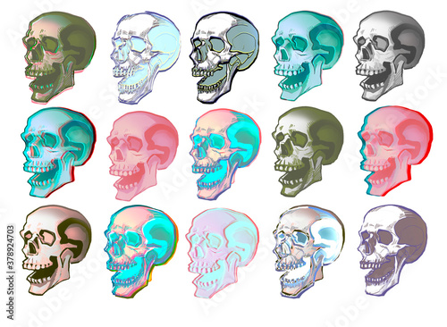 Set colorful cartoon skulls seamless pattern clip art element icon. Pink, black, green, blue Pop art illustration human skulls, isolated on white background hand-drawn scary item deth symbol drawing photo