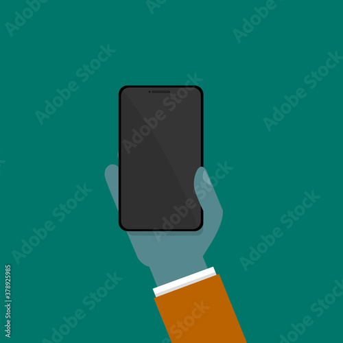 HAND HOLDING PHONE SCREEN TURNED OFF in suit long sleeve Flat concept vector illustration