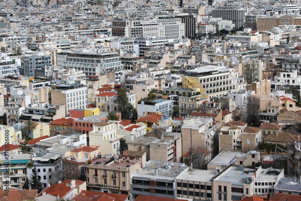 Partial view of Athens city from Acropolis hill - Athens, Greece, February 2 2020.