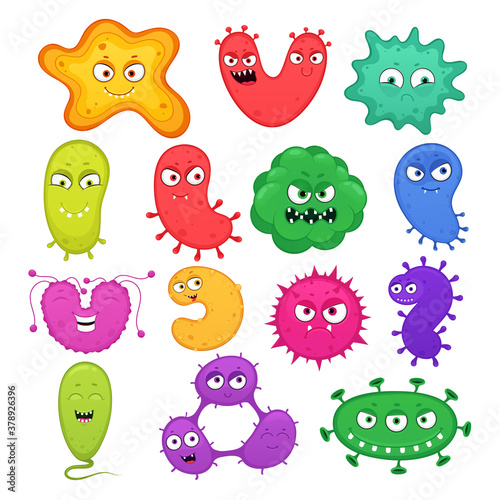 Set of microbes bacteria viruses various shapes and colors. Cartoon bacterial microorganisms with big eyes  teeth and emotions.