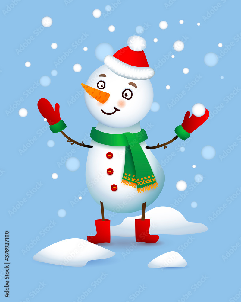 Vector Cute Snowman. Christmas illustration with funny snowman. Santa Claus hat.