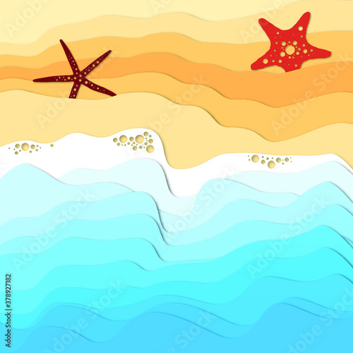Vector illustration of a sandy seashore with starfishes in paper technique