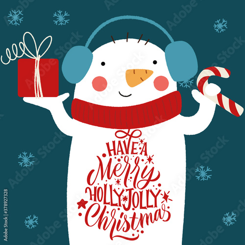 Have a Merry Holly Jolly Christmas. Snowman in a hat with a gift and an inscription on his belly. Great lettering for greeting cards, stickers, banners, prints. Xmas card. Happy new year 2021.