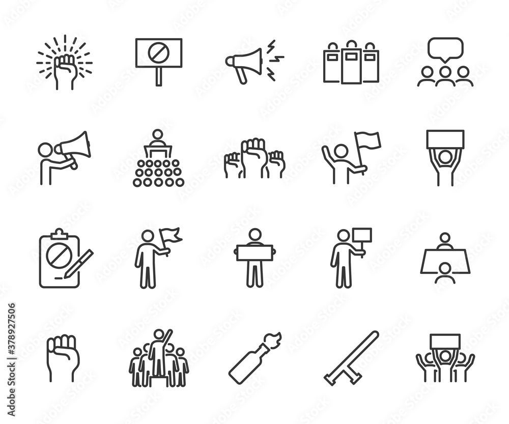 Obraz premium Vector set of protest line icons. Contains icons resistance, protester, petition, riot, police, strike, mob, negotiating table and more. Pixel perfect.
