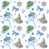 Watercolor bavarian traditional oktoberfest seamless pattern. Hand drawn hats, flags, bows, decorative elements on white background. 