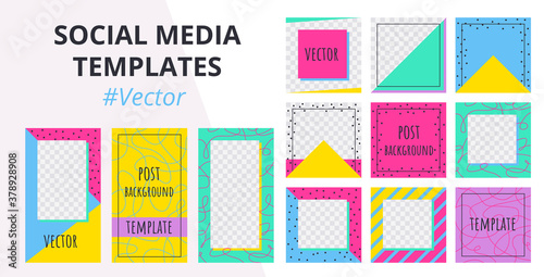 Trendy editable template for social networks stories in memphis style. Design colorful geometric backgrounds for social media posts, story and photos. Vector Illustration