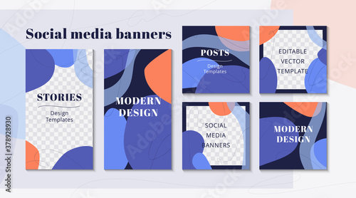 Modern web banner for social media mobile apps, stylish design in blue colors. Simple background for social media posts, story and photos.  Flat vector Illustration