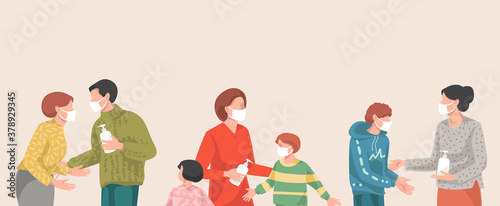 men and women, parents  and his children  wear masks and Use alcohol antiseptic gel to clean hands for Prevent Coronavirus Disease, Covid-19 Virus  Интернета
