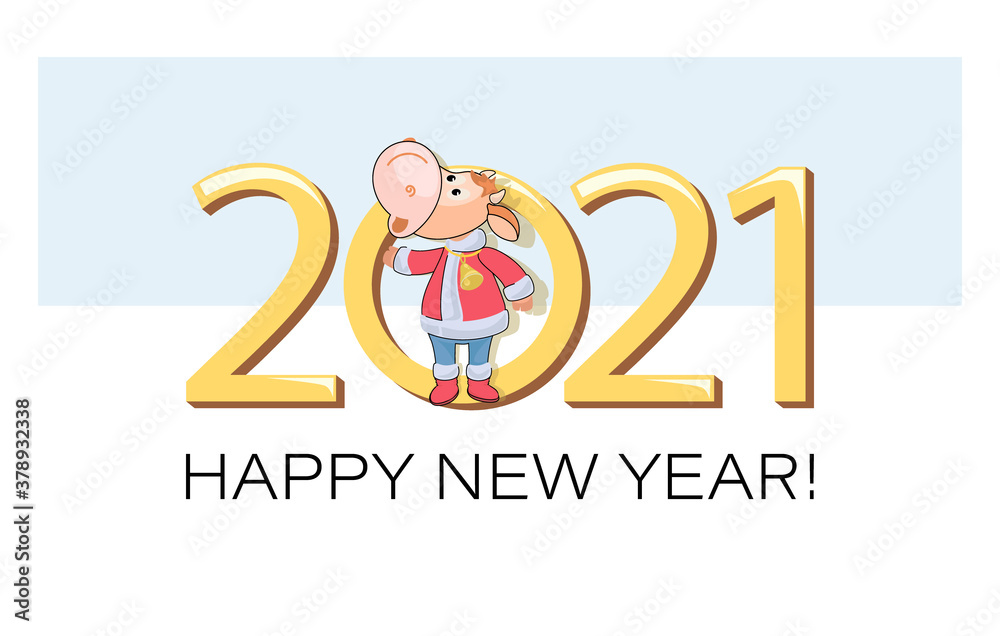 2021 Year bull. Calf. Cute animal character on a background of large numbers. Little calf dressed as Santa Claus. 