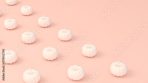 Modern pumpkins pattern isolated on pastel pink backgroundwith with white Halloween pumpkin with copy space for text. Halloween concept. 3d rendering