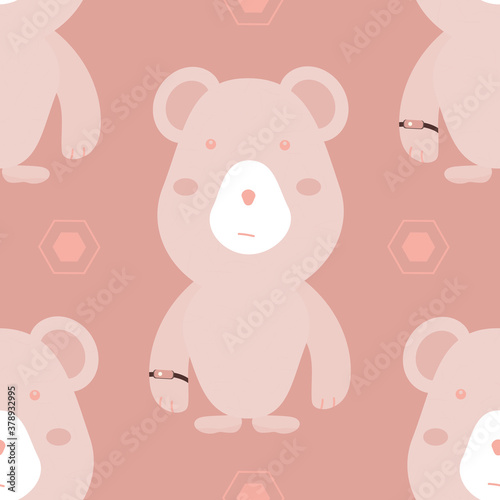 Seamless baby pattern with cute teddy bear with a fitness bracelet on the wrist. Pink background. Flat baby texture for fabric, packaging, textile, wallpaper, clothing. Vector illustration