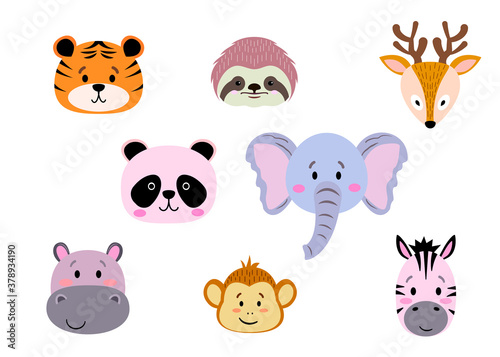 Set of cute simple animals heads - monkey, zebra, sloth, elephant, tiger, deer, hippo, panda. Сartoon Portrait Set with Flat Design. Vector illustration