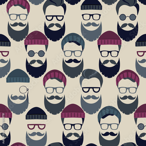 Bearded Hipster seamless pattern with glasses and hat on. Lumber sexual or Urban Lumberjack background.
