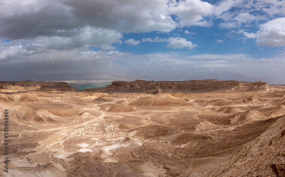 Fototapeta premium Panoramic landscape of the remote part of the Judean Desert, Israel. Hills, natural terraces with escarpments and dry wadies of the Judean Desert. Dead sea on the background.