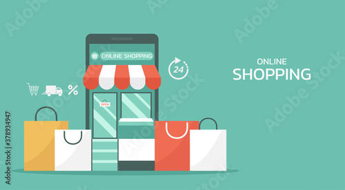 smartphone view front digital store with the shopping bag, online shopping on mobile app concept, icon, web, and banner, vector flat illustration